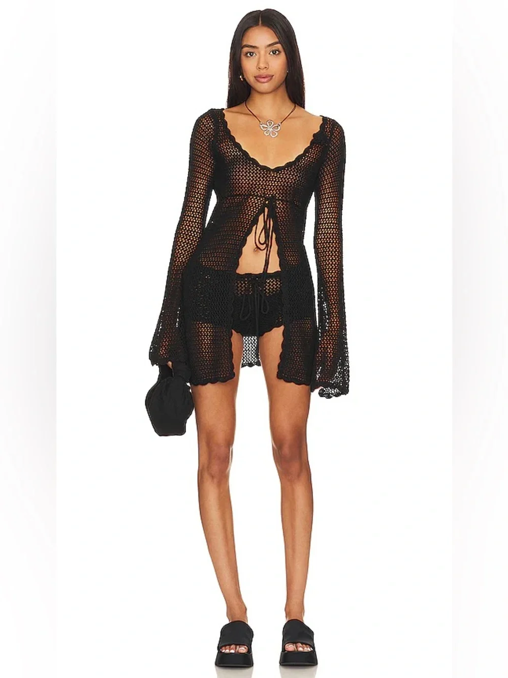Frankies Bikinis Collette Crochet Tunic Black Cover Up